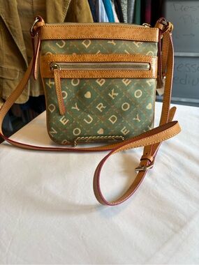 Vintage Dooney & Bourke Green Monogram Crossbody with Tan Trim and Gold Hardware